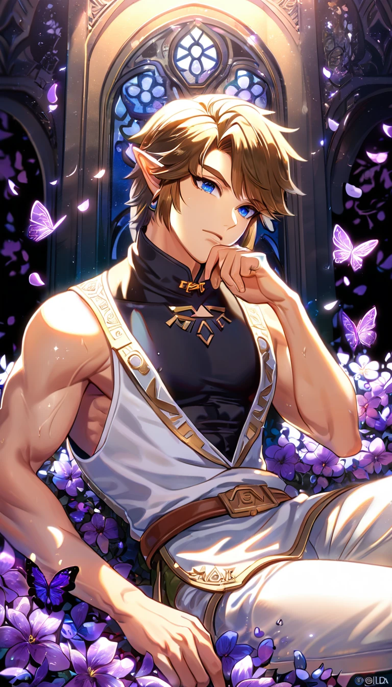 absurdres, highres, ultra detailed, HDR, master piece, best quality, Link, brown hair, expressive blue eyes, the legend of zelda twilight princess, solo, sexy man, handsome, toned chest, white coat, black tight shirt, sitting, white pants, purple butterflies, petals, purple flowers, magical, fantasy, glittering