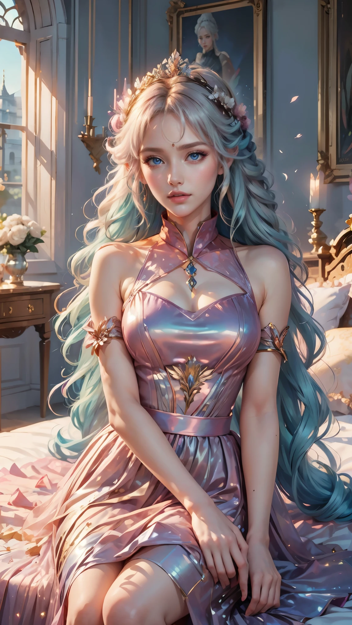 Best quality, masterpiece, ultra high res, raw photo, beautiful and aesthetic, deep shadow, fairy theme,(ultra detailed:1.3),
1girl, sitting pose, flower headdress, drill hair, long hair, blonde hair, gradient hair, yellow eyes, solo, huge breasts, big hair, blue hair, divine goddess, looking at viewer, indoors, queen bedroom, empress bed, room full of curtain, astraea, full body, pink dress, crystalline dress, transparant dress,