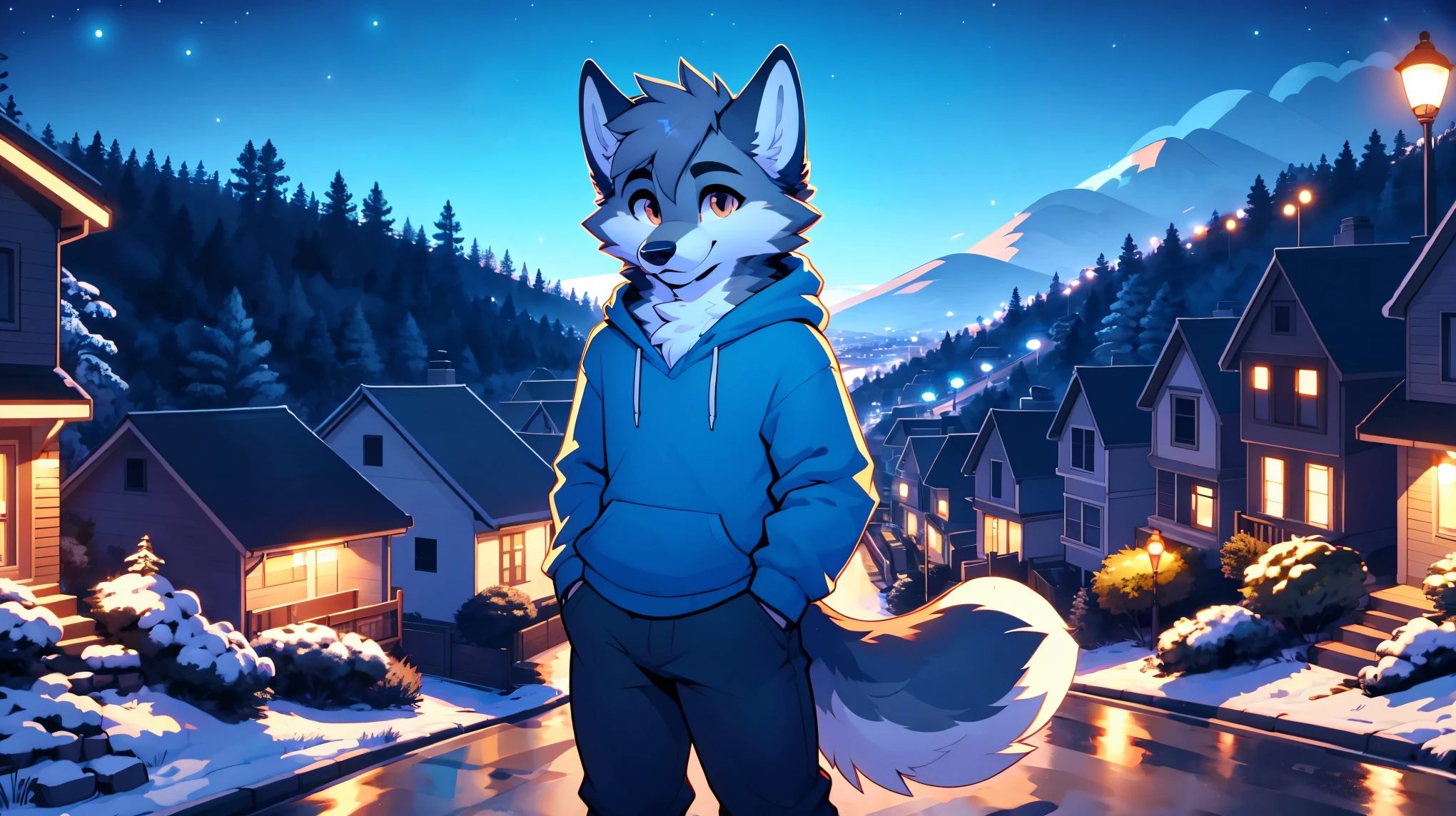 a full body, anthropomorphic brown wolf kid wearing a blue hoodie, pants, wolf face, cute face, glossy fur, big fluffy neckfur, posing for a picture in a hill at night with a city in the distance
