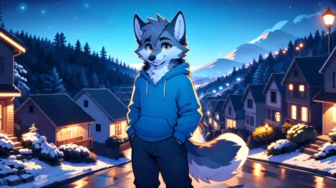 a full body, anthropomorphic brown wolf kid wearing a blue hoodie, pants, wolf face, cute face, glossy fur, big fluffy neckfur, ...