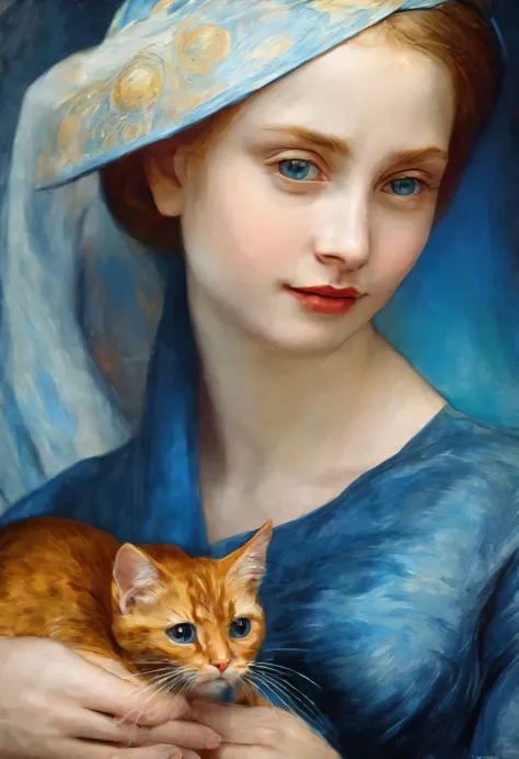 a beautiful girl in rich red-blue-gold clothes, holding a little cat, highly detailed, renaissance style, oil painting, (best qu...