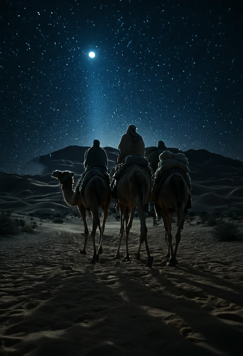 Imagem aproximada, bíblico, Os três (((3))) homem sábio, andando em seus camelos, à noite, seguindo o ((estrela de Belém)) através do deserto, à noite, levando presentes, conhecer o menino jesus, detalhes delicados, Texturas altamente detalhadas, Efeito de foco suave,sombras suaves,estética minimalista,iluminação suave,simplicidade elegante,composição serena apelo atemporal,suavidade visual,Foto em cores RAW de altíssima qualidade e alto detalhe,Iluminação Profissional,gradação de cores sofisticada,foco nitído,Bokeh suave,Contraste impressionante,talento dramático,profundidade de campo,mistura perfeita de cores,ainda cinematográfico 35mm,cinema ainda 50d,800t,iluminação natural,shallow profundidade de campo,detalhes nítidos,filme hbo netflix colorido LUT,32 mil,Ultra HD,HDR,luz de filme,foto panorâmica,Tirar o fôlego,hiper-realista,ultra-realism,fotografia de alta velocidade,contraste perfeito,fotografia premiada,dirigido por Lars von Trie