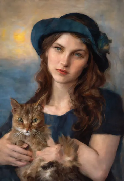 a beautiful woman in modern clothes, holding a little cat, highly detailed, renaissance style, oil painting, (best quality,4k,8k...