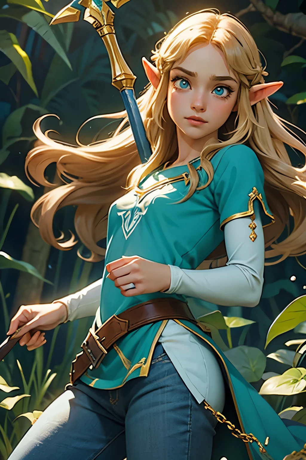 princesse zelda, 1 fille, demande d&#39;artiste, ceinture, cheveux blonds, blue chemise, livre, bottes, pince-sans-rire, tout le corps, yeux verts, haute résolution, regarder le spectateur, la magie, Nintendo, pantalon, oreilles pointues, chemise, cheveux courts, fond simple, seul, Une Lenda de Zelda, Une Lenda de Zelda: souffle de la nature, Une Lenda de Zelda: les larmes du royaume, fleur faite de lumière, la magie