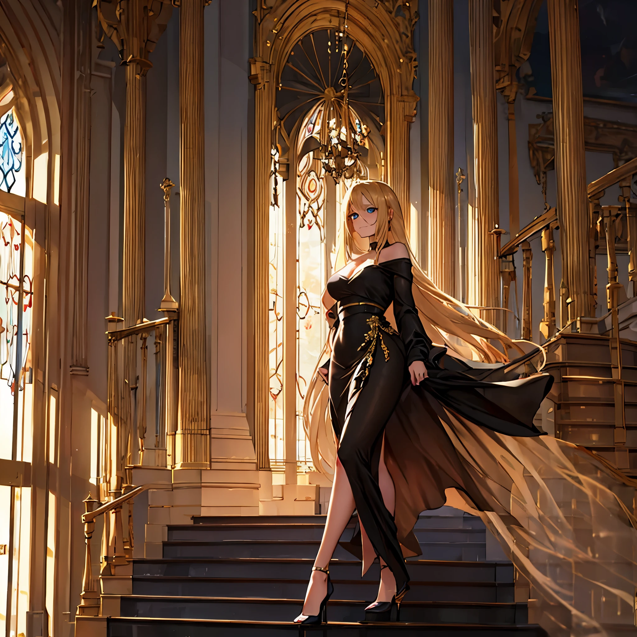 A woman wearing a black dress, with gold details on the dress, walking on the second floor of a white platform, with a staircase nearby going to the first floor, long blonde hair, black heels, blue eyes, luxurious glass window in the background, lighting place, blurred background, smiling, full body, bokeh effect, stereogram, tachi-e, point of view atmospheric view, high detail, luminism, hyperrealism, brightness, 8k, super detail, accurate, best quality, high resolution, award-winning, anatomically correct
