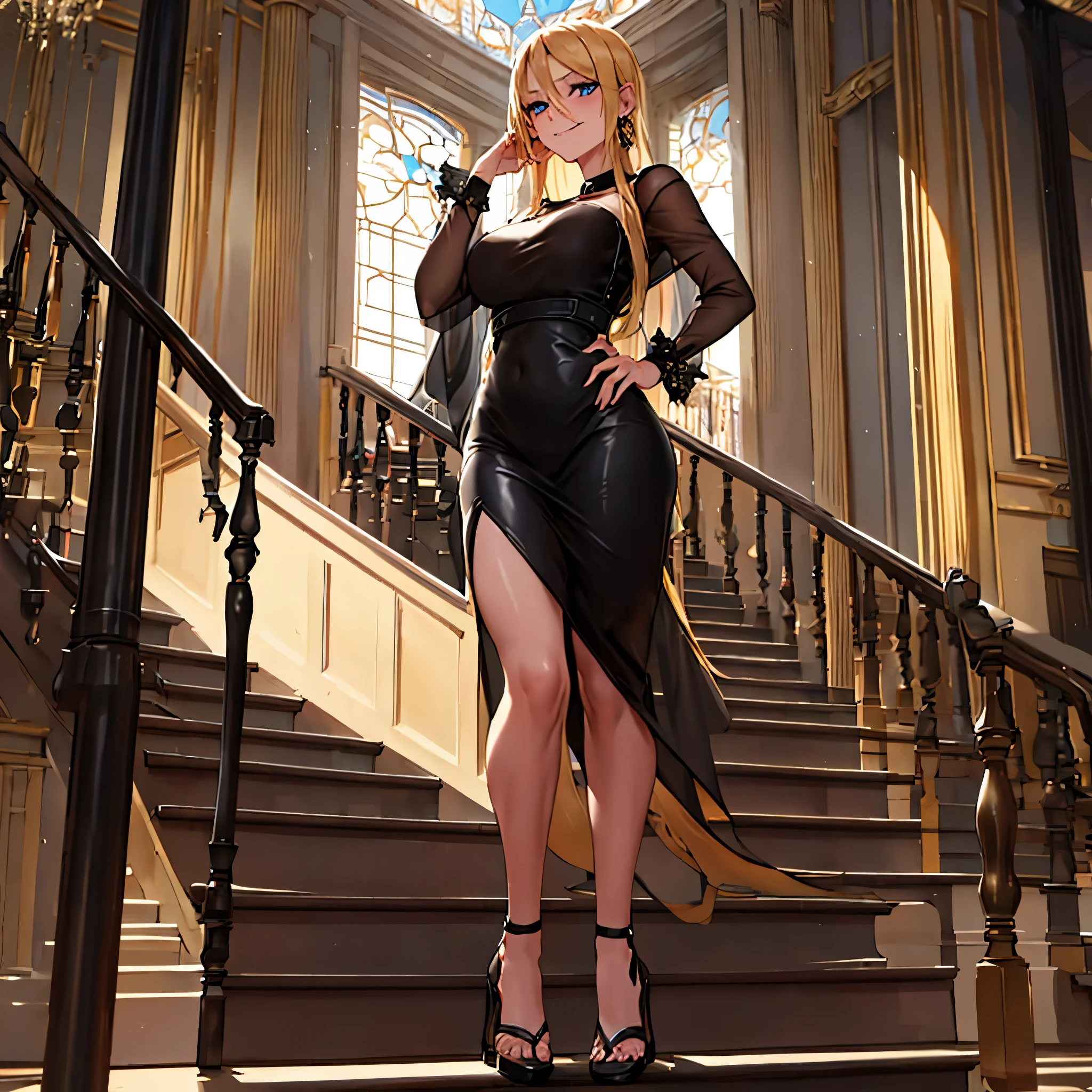 A woman wearing a black dress, with gold details on the dress, walking on the second floor of a white platform, with a staircase nearby going to the first floor, long blonde hair, black heels, blue eyes, luxurious glass window in the background, lighting place, blurred background, smiling, full body, bokeh effect, stereogram, tachi-e, point of view atmospheric view, high detail, luminism, hyperrealism, brightness, 8k, super detail, accurate, best quality, high resolution, award-winning, anatomically correct
