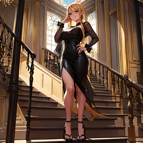 A woman wearing a black dress, with gold details on the dress, walking on the second floor of a white platform, with a staircase...