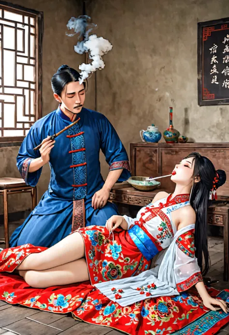 A man is making a Chinese young woman in a Chinese dress smoke drug with an opium pipe. The man holds the opium pipe in his hand...