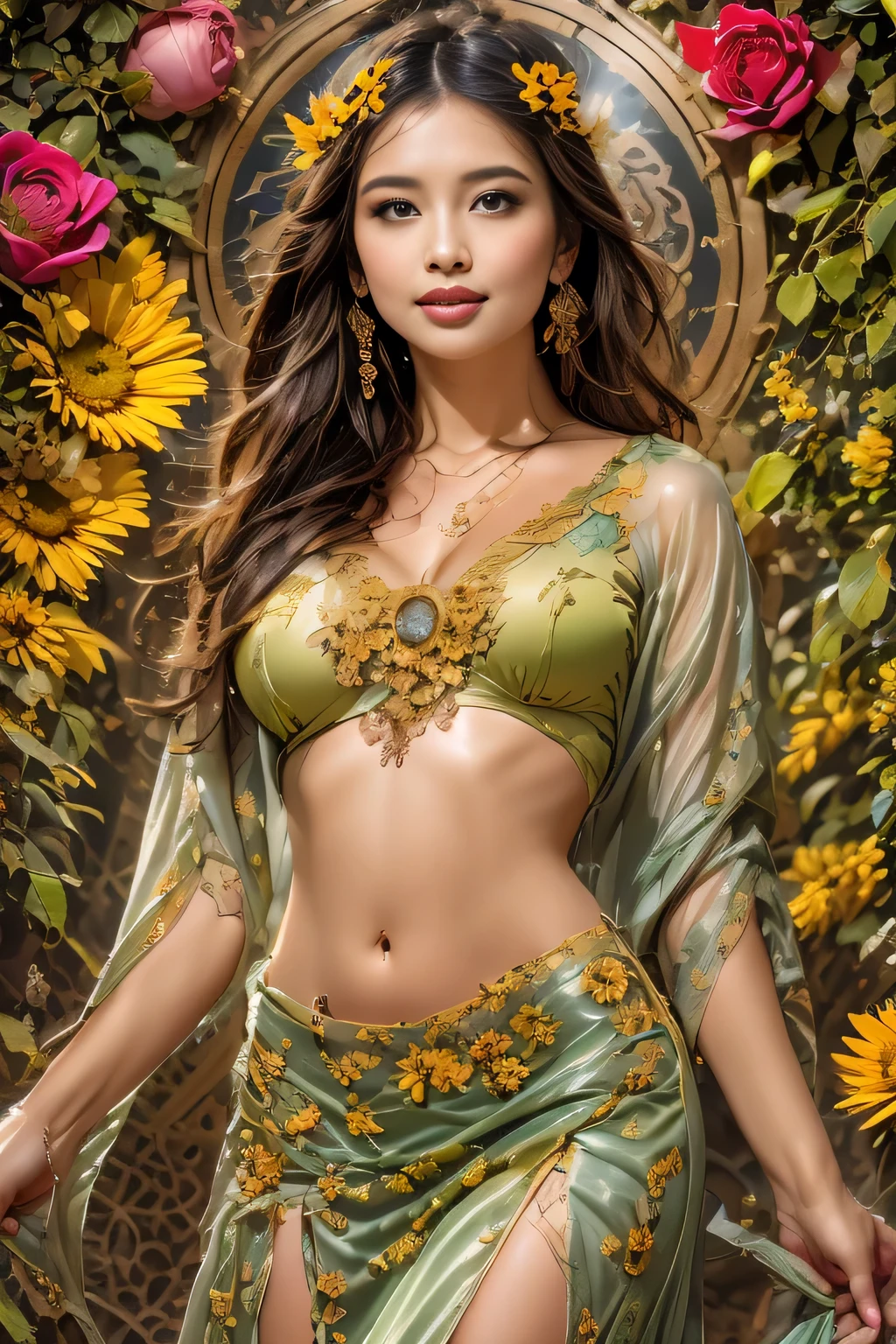 (Masterpiece, Best Quality, Top Quality, Official Art), (Photorealistic: 1.2), Sharp Focus, (Beautiful and Aesthetic: 1.2), (1 Girl), Beautiful Face, Detailed and Perfect Face, Big and Even Eyes , Highly Detailed, (Background: Flowers, Roses, Lilies, Sunflowers, Poppies, Peonies, Rhododendrons), (Fractal Art: 1.3), Colorful, Highly Detailed, Ancient Flower God, Fairy, Young Girl, Silk Transparent Dress , chest showing, gentle smile, sexual sexy pose, green to yellow leaf vines as hair, cowboy shot, bewitching, sexy, erotic, perfect proportions, huge breasts, small waist, navel, crotch gap, thighs , dynamic pose, from below, depth of field, original, wallpaper, flaxen hair, magic circle, forest, colorful leaves, long hair, bright,