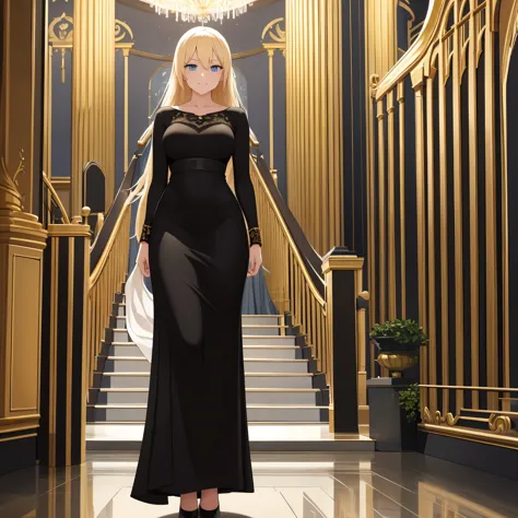 A woman wearing a black dress, with gold details on the dress, walking on the second floor of a white platform, with a staircase...