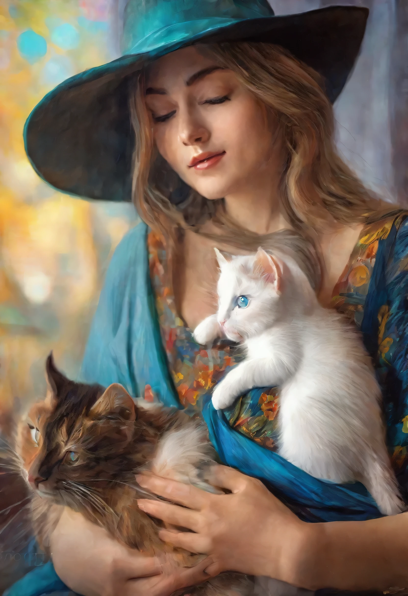 A beautiful girl, wearing hat,  sitting, wearing a beautiful dress, holding a little cat, highly detailed, oil painting, (best quality,4k,8k,highres,masterpiece:1.2),ultra-detailed,1.37),HDR,UHD,studio lighting,ultra-fine painting,sharp focus,physically-based rendering,extreme detail description,professional,vivid colors,bokeh,portraits,van gogh,renoir,leonardo da vinci