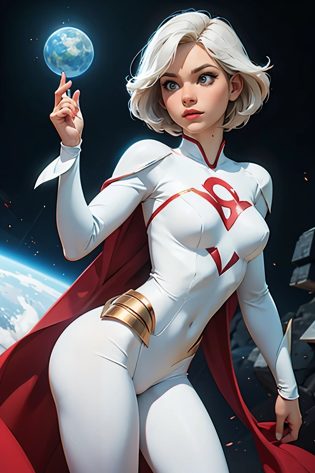 powergirl, 1 girl, artist request, waist belt, short blonde hair, white with possible cover sleeves, mitts, booties, no characteristic features, fully body, blue colored eyes, high resolution, gazing at viewer, Krypton, DC Comics, shorth hair, simple background, standing alone, Kara jor-El: Smell of Krypton,