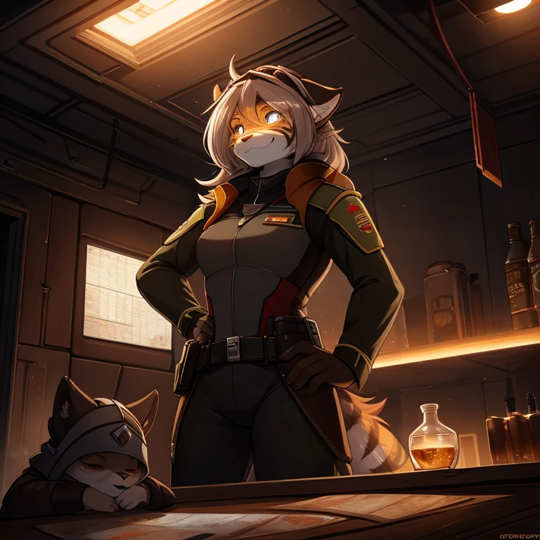 Young woman in full armor, black and red spacesuit sits in the cabin of a spaceship. Her helmet completely covers her face and has cat ears.., tiger, anthro, female, fur coat, (best quality), dramatic lighting, (detailed fluffy fur:1.1), (fantasy:1.2) cyberpunk style, chiaroscuro, dramatic lighting,  serious, Real khaki Belarusian army officer uniform., grinning, leaning on a heavy oak table, night, glass of whiskey, marble columns and wall map