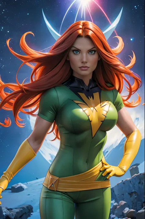 (Jean Grey), Xmen 97, a beautiful woman with long red hair, detailed face, piercing green eyes, wearing a blue and yellow costum...