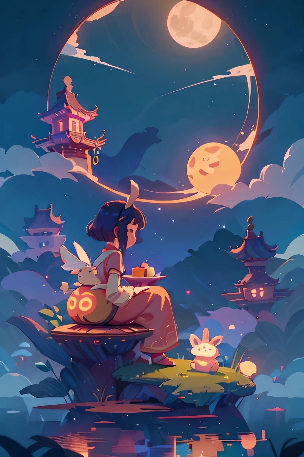 Mid-Autumn Festival，A lovely fairy，Wearing Chinese clothes，A rabbit playing next to the girl，moon cake，Auspicious Clouds，Behind the huge moon，Warm colors，Abstract screen，Surrealism，Pixar style，3D Effect，Clear outline light，Rim Light，fantasy，spotlight，8k