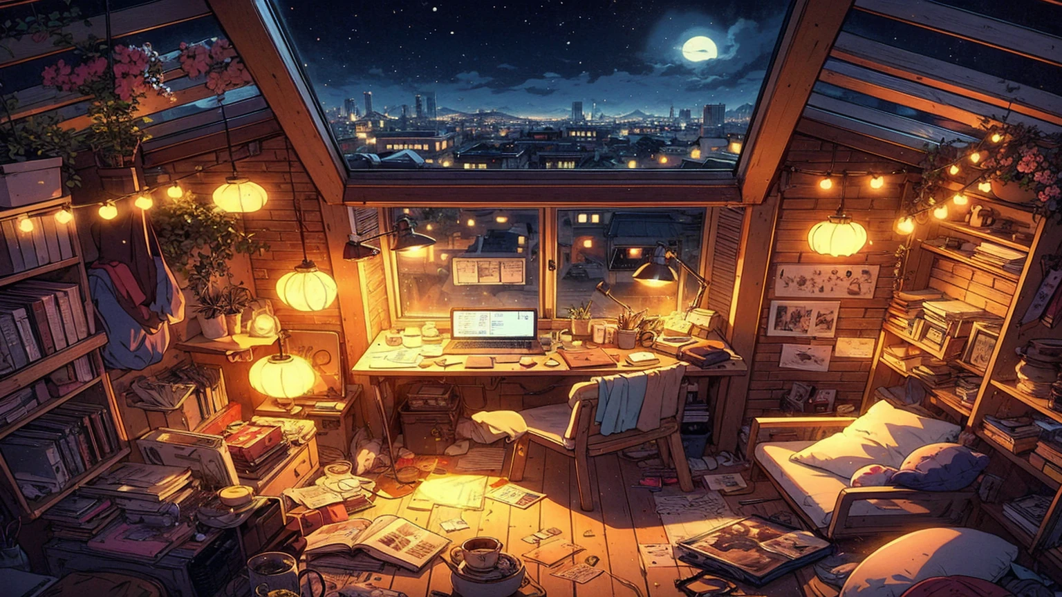 Drawing an anime lofi cozy night room, On the roof, (Warm Light), lots of things, 2D Anime Style, 90s anime aesthetics, Lo-Fi, Very detailed, hard disk, A mix of anime style and Fujifilm, Ultra-realistic, 8k, masterpiece