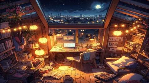 drawing an anime lofi cozy night room, on the roof, (warm light), lots of things, 2d anime style, 90s anime aesthetics, lo-fi, v...