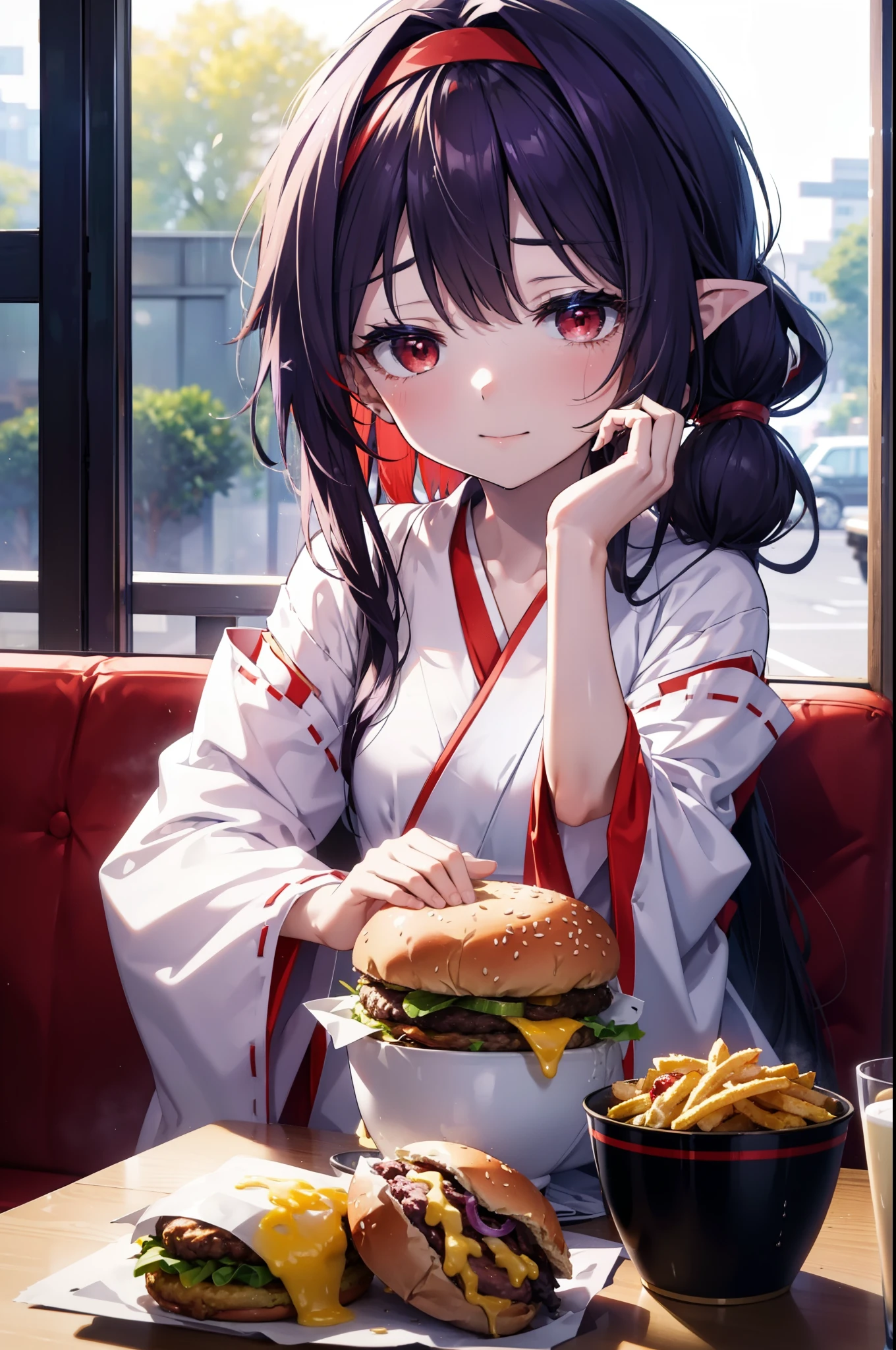 yuukikonno, Konno Yuuki, hair band, Long Hair, Pointed Ears, Purple Hair, (Red eyes:1.5), (Small breasts:1.2), Open your mouth,appy smile, smile, Shut your mouth.,
Bellflower,Shrine maiden,white kimono, Red too,kimono, Same as skirt, Wide sleeves, Long sleeve, Thick sleeves,Red too,White tabi,Sandals,Ribbon Trim Sleeve, Low Ponytail, noon,sunny,background,blue sky,The viewer is 星ing at a pile of burgers on a table., Are standing, whole bodyがイラストに入るように,
break looking at viewer, whole body,
break indoors, Burger Shop,
break (masterpiece:1.2), highest quality, High resolution, unity 8k wallpaper, (shape:0.8), (Beautiful and beautiful eyes:1.6), Highly detailed face, Perfect lighting, Extremely detailed CG, (Perfect hands, Perfect Anatomy),