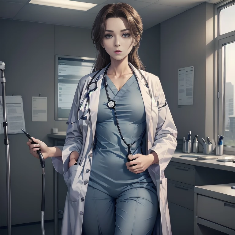 1woman, Sexy doctor, Curly brown hair, Blue eyes, Standing, ((doctors office)), sharp outline, a natural female, 3, Best Quality, masterpiece, doctor_uniform, labcoat, stethoscope, doctor,scrub top,scrub trousersdoctor_uniform, labcoat, stethoscope, doctor