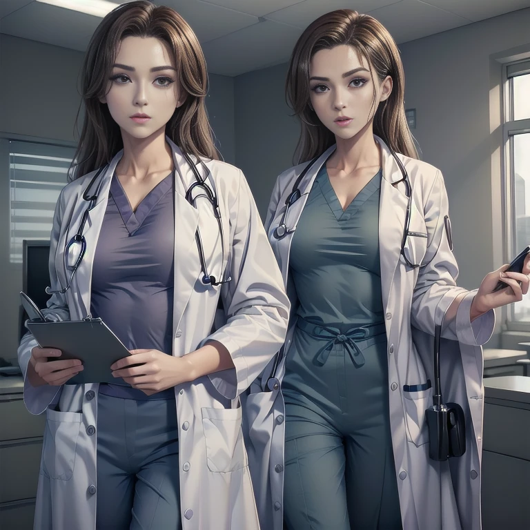 1woman, Sexy doctor, Curly brown hair, Blue eyes, Standing, ((doctors office)), sharp outline, a natural female, 35 year old, Best Quality, masterpiece, doctor_uniform, labcoat, stethoscope, doctor,scrub top,scrub trousersdoctor_uniform, labcoat, stethoscope, doctor