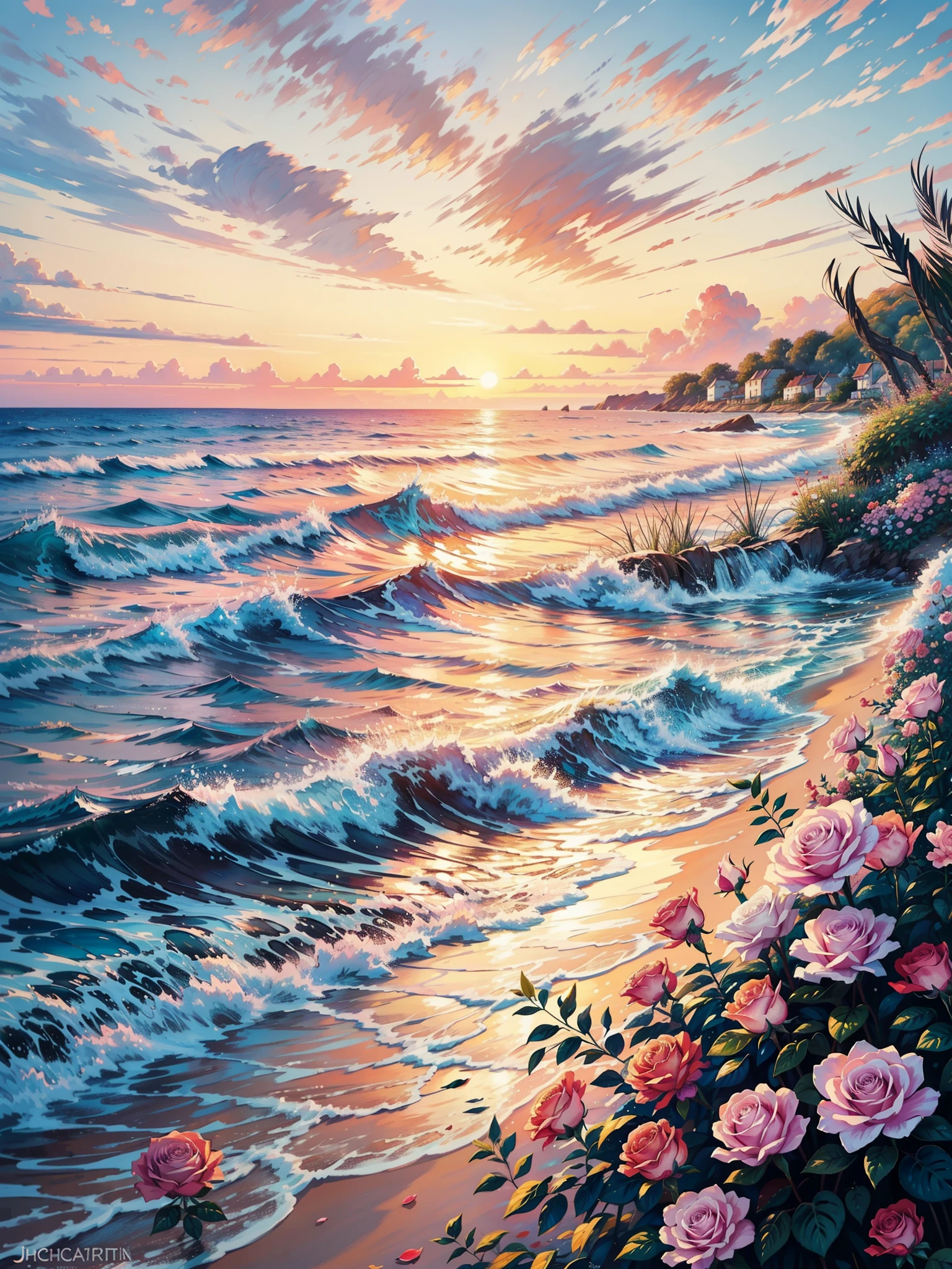 a painting of the ocean, floral sunset, rose background, floral splash painting, pastel ,  background, by Jane Carpanini, by Jeka Kemp, inspired by Blanche Hoschedé Monet, by Juliette Wytsman, by Susy Pilgrim Waters, by Louisa Puller, gorgeous painting, a beautiful painting, by Joanna Carrington, no human