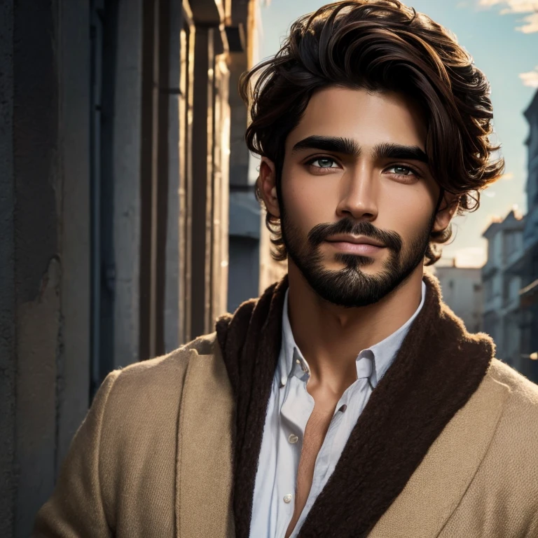 Hombre joven, Brown hair, ojos oscuros, barba incipiente, piel morena, cejas gruesas 