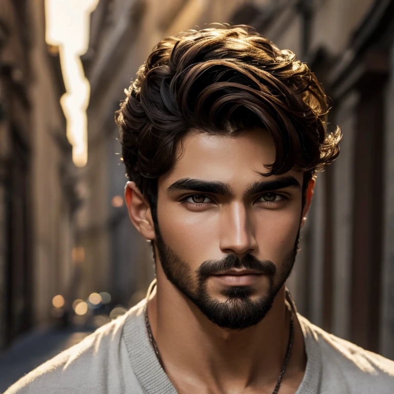 Hombre joven, Brown hair, ojos oscuros, barba incipiente, piel morena, cejas gruesas, juvenil 