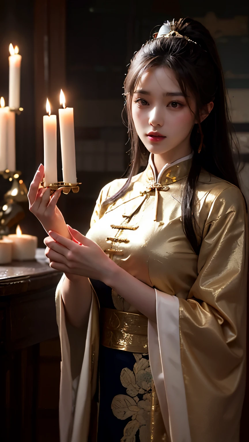 Detailed oil painting of a Chinese lady performing an ancient ritual, realistic style by Chen Danqing, intricate details on the metallic rod and the woman's clothing, soft lighting from candles in a dark room, traditional Chinese setting.