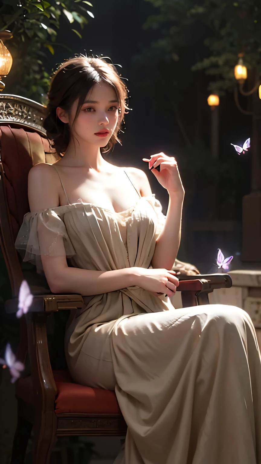 Beautiful fairy with delicate butterfly wings, surrounded by glowing magical lights, ethereal and dreamy atmosphere, realistic painting style inspired by the works of John William Waterhouse and Arthur Rackham