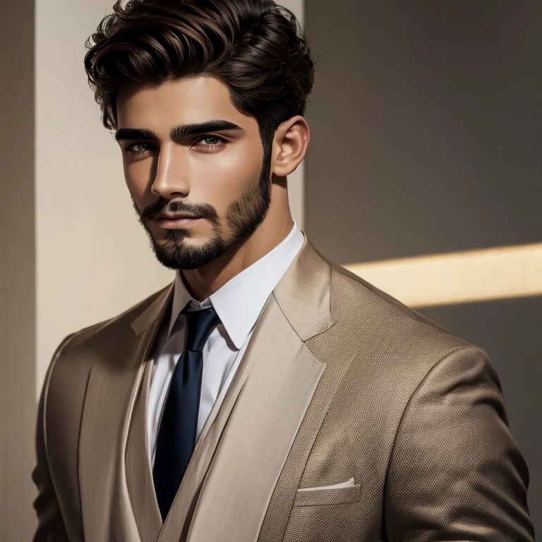 Hombre joven, Brown hair, ojos oscuros, barba incipiente, piel morena, cejas gruesas, juvenil, formal 