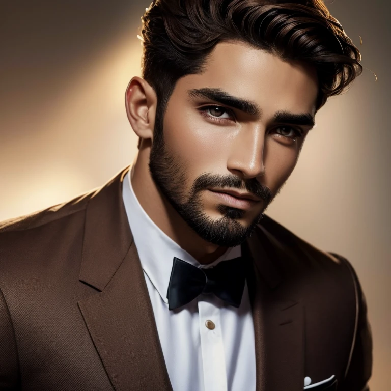 Hombre joven, Brown hair, ojos oscuros, barba incipiente, piel morena, cejas gruesas, juvenil, formal 