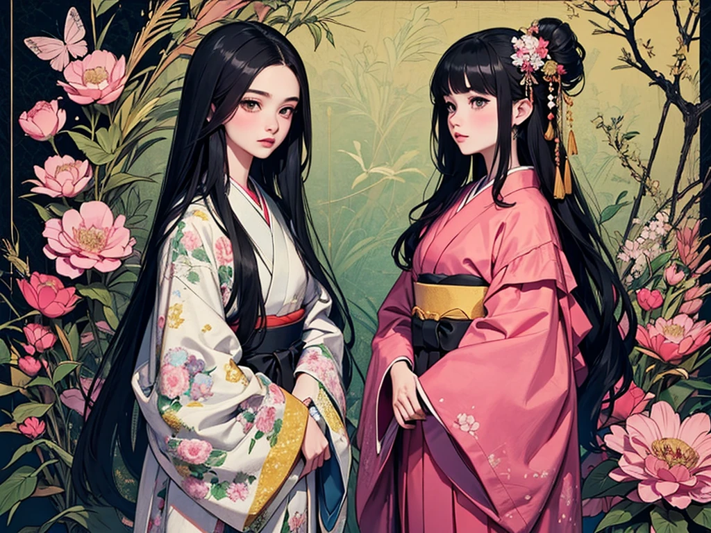 juunihitoe，(masterpiece, highest quality, highest quality，aesthetics:1.2)，From the side，Esbian all over，1300 years ago，Japan_Heian period，noble，１Beautiful Princess，Beautiful Skin，(Straight Hair　Long beautiful black hair　wealthy)，Beautiful round eyes，(kimono　Gentle pink hue　The beauty of layered colors)，Silk luster，Layered collar，Wide sleeves，Long hakama hem，dream-like，Elegant，highest quality，Beautiful graphics, Ultra Detail，butterfly，Fresh，The background is minimal，Image of a transparent robe，melt，Beyond eternity