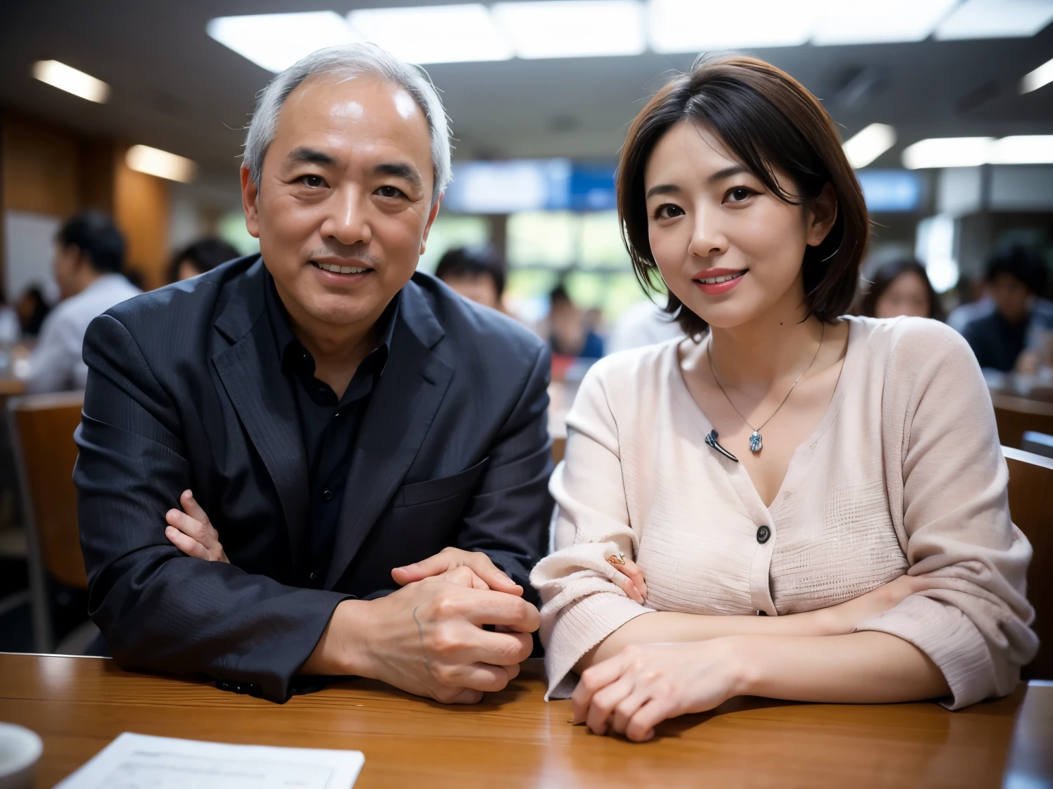 Dos hombres de negocios japoneses están sentados en la parte de atrás y en la parte delantera, frente a frente, a través de la mesa., Realista, Realista, Realista body shape, Muy detallado, de la máxima calidad, 8K, enfoque nítido, Alta resolución, Relación ideal, anatómicamente perfecto, cara detallada