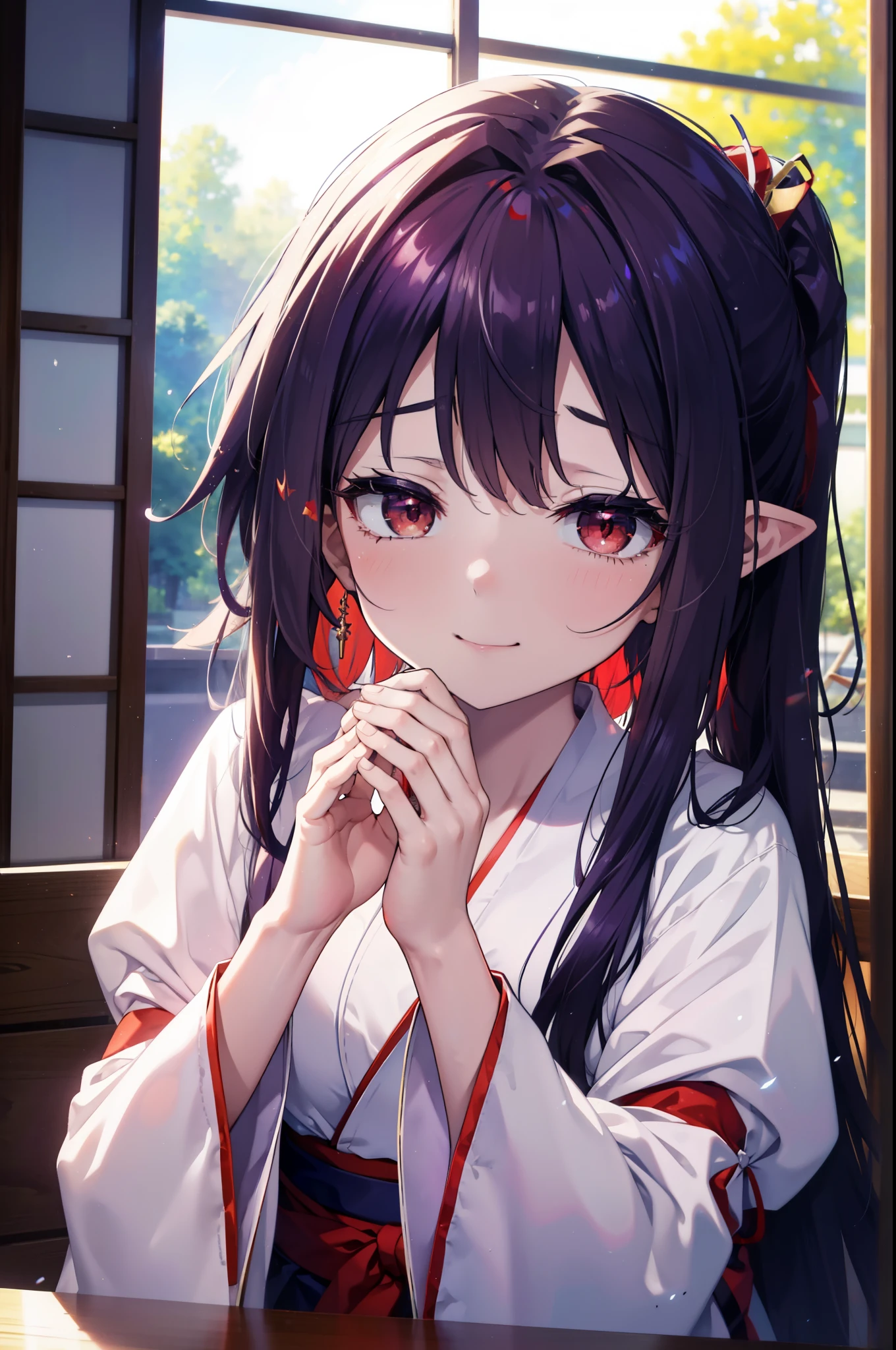 yuukikonno, Konno Yuuki, hair band, Long Hair, Pointed Ears, Purple Hair, (Red eyes:1.5), (Small breasts:1.2), Open your mouth,appy smile, smile, Shut your mouth.,
Bellflower,Shrine maiden,white kimono, Red too,kimono, Same as skirt, Wide sleeves, Long sleeve, Thick sleeves,Red too,White tabi,Sandals,Ribbon Trim Sleeve, Low Ponytail, noon,sunny,background,blue sky,The viewer is 星ing at a pile of burgers on a table., Are standing, 
break looking at viewer, Upper Body, whole body,
break indoors, Burger Shop,
break (masterpiece:1.2), highest quality, High resolution, unity 8k wallpaper, (shape:0.8), (Beautiful and beautiful eyes:1.6), Highly detailed face, Perfect lighting, Extremely detailed CG, (Perfect hands, Perfect Anatomy),