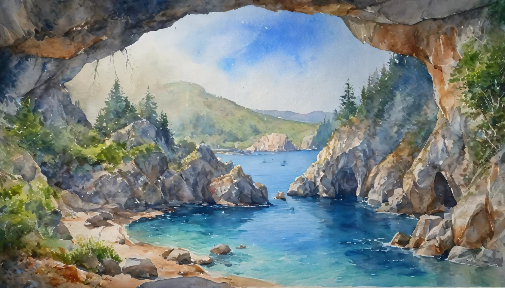paisaje de acuarela, Mar azul visible desde el interior de la cueva., (Obra maestra), (mejor calidad), (Detalles ultra altos)