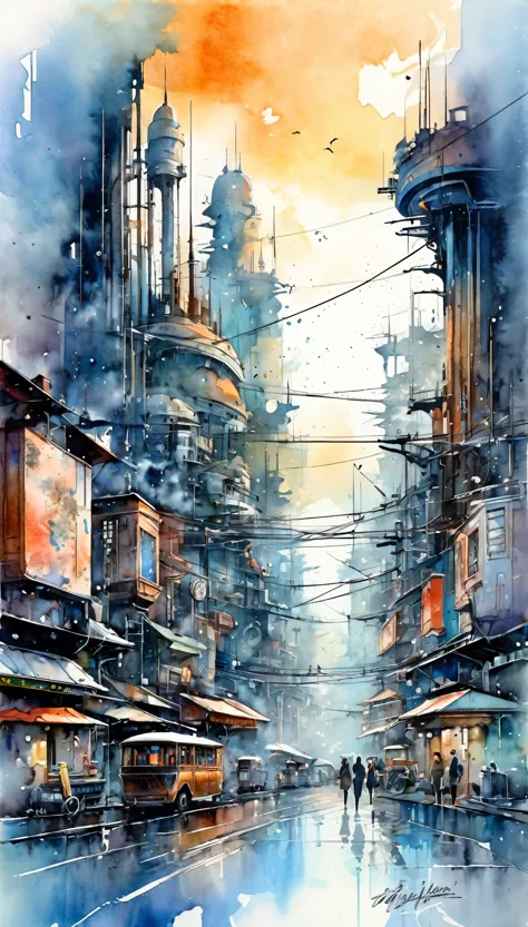 best quality, super fine, 16k, delicate and dynamic, superb watercolor landscape painting, with cyberpunk dieselpunk clockpunk s...