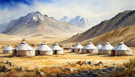 watercolor landscape, mongolian nomadic tents., (masterpiece), (best quality), (ultra high detailes)