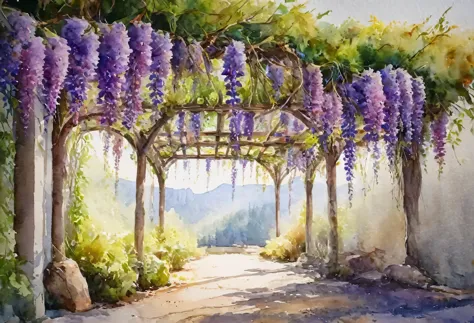 Watercolor Landscape, Wisteria trellis-lined avenues, stunning numbers of flowers, breathtaking beauty, sunshine pouring down, g...