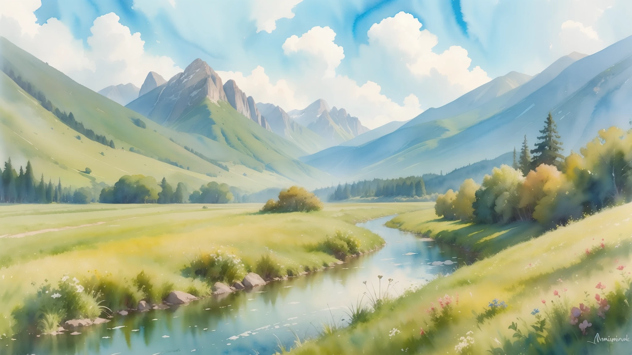 a peaceful watercolor landscape, mountains in the background, a winding river flowing through a lush green meadow, colorful wildflowers dotting the scene, a warm golden sun illuminating the tranquil atmosphere, soft brushstrokes creating an impressionistic style, vivid colors blending seamlessly, a sense of calm and serenity,ultra-detailed,(watercolor painting),landscape,impressionism,vibrant colors,natural lighting,soft focus,plein air,atmospheric perspective