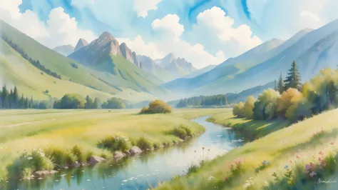 a peaceful watercolor landscape, mountains in the background, a winding river flowing through a lush green meadow, colorful wild...