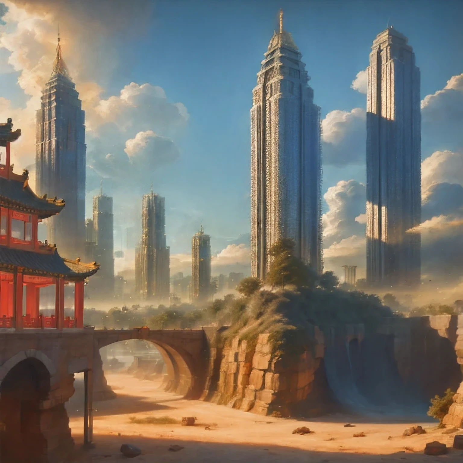 acuarela landscape，edificios en una ciudad con una pagoda en el medio de la ciudad, ciberpunk chinese ancient castle, acuarela，obra de arte estilizada de fantasía urbana, ciudad china de ensueño, Arte conceptual ， altamente renderizado, pintura mate del arte del juego, pintura mate 4k 8k, cinematográfico. by leng jun, en una ciudad tropical y distópica, pintura mate 8k, pintura mate 8k，（（（ciberpunk）））