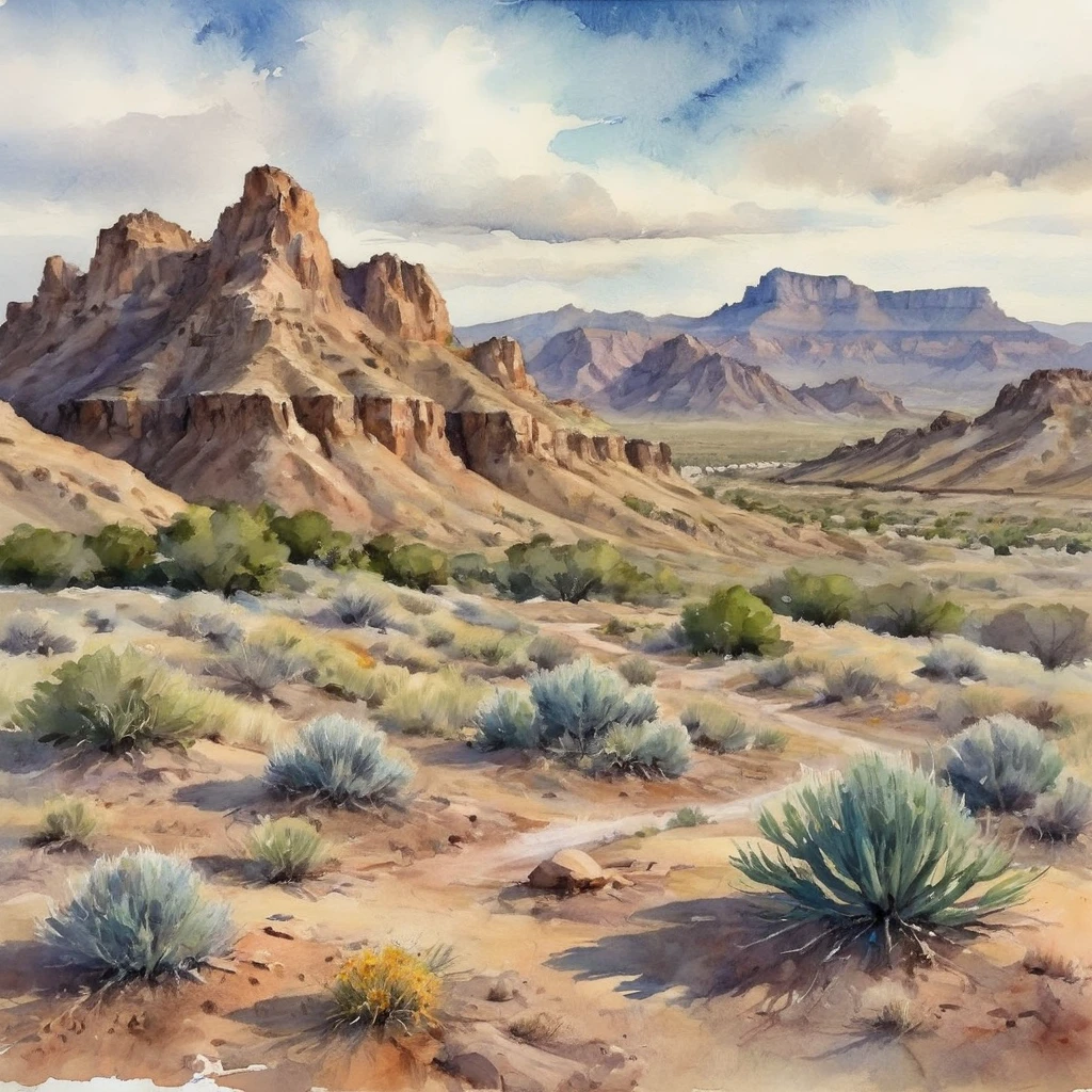 a beautiful detailed watercolor landscape of the badlands of old El Paso, dramatic desert scenery with rocky cliffs, winding canyons, dry riverbeds, scattered shrubs and cacti, golden hour lighting, warm color palette, vivid colors, muted tones, soft blending, painterly style, atmospheric haze, sense of vastness and isolation, (best quality,8k,highres,masterpiece:1.2),ultra-detailed,(realistic,photorealistic,photo-realistic:1.37),landscape
