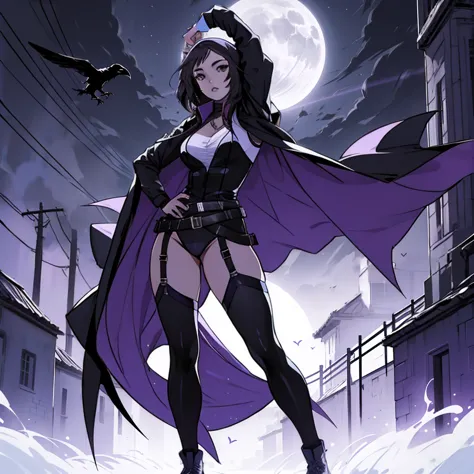 ((1girl)), (solo), raven, black leotard, black cape, hood, purple hair, forehead jewel, purple eyes, short hair, belt, skin tigh...