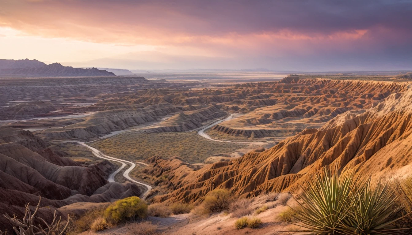 a beautiful detailed watercolor landscape of the badlands of old El Paso, dramatic desert scenery with rocky cliffs, winding canyons, dry riverbeds, scattered shrubs and cacti, golden hour lighting, warm color palette, vivid colors, muted tones, soft blending, painterly style, atmospheric haze, sense of vastness and isolation, (best quality,8k,highres,masterpiece:1.2),ultra-detailed,(realistic,photorealistic,photo-realistic:1.37),landscape
