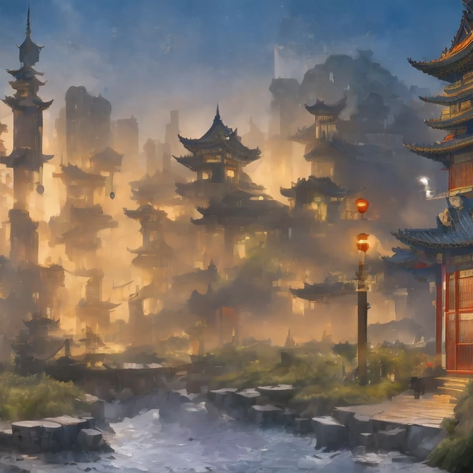 （（（acuarela））））paisaje，edificios en una ciudad con una pagoda en el medio de la ciudad, Castillo antiguo chino Cyberpunk, acuarela，obra de arte estilizada de fantasía urbana, ciudad china de ensueño, Arte conceptual ， altamente renderizado, pintura mate del arte del juego, pintura mate 4k 8k, cinematográfico. by leng jun, en una ciudad tropical y distópica, pintura mate 8k, pintura mate 8k，（（（acuarela）））