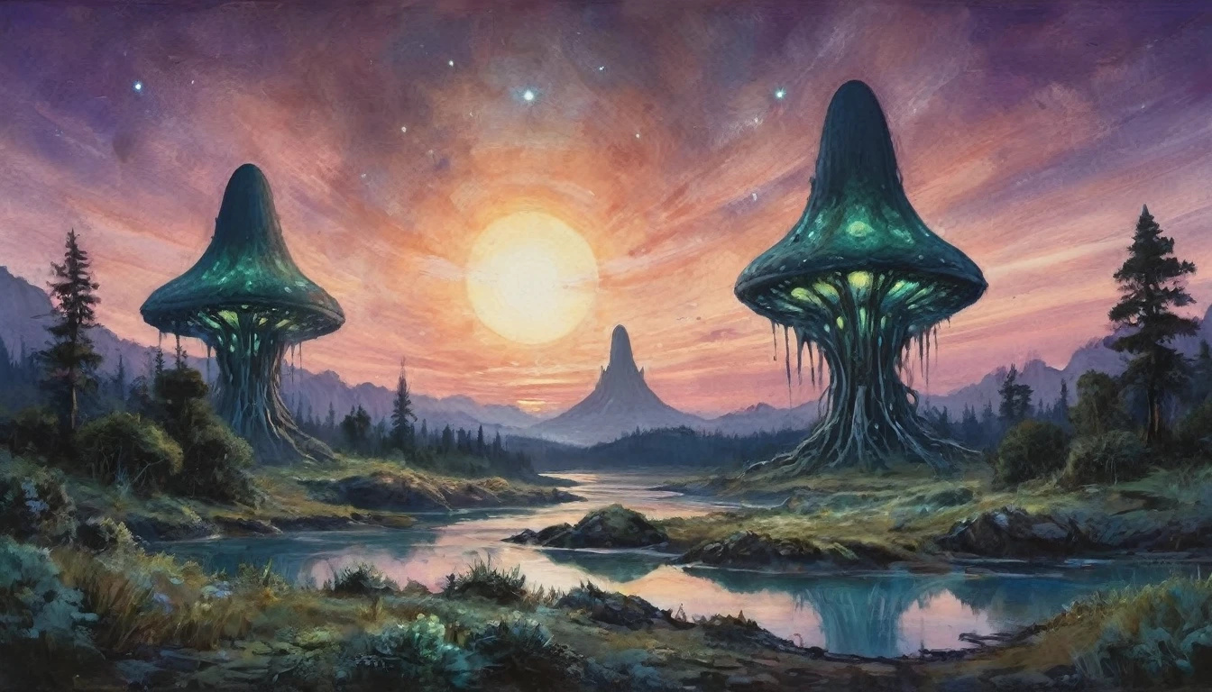 An alien fungoid world with bio luminescent structures, twilight, watercolo9r landscape