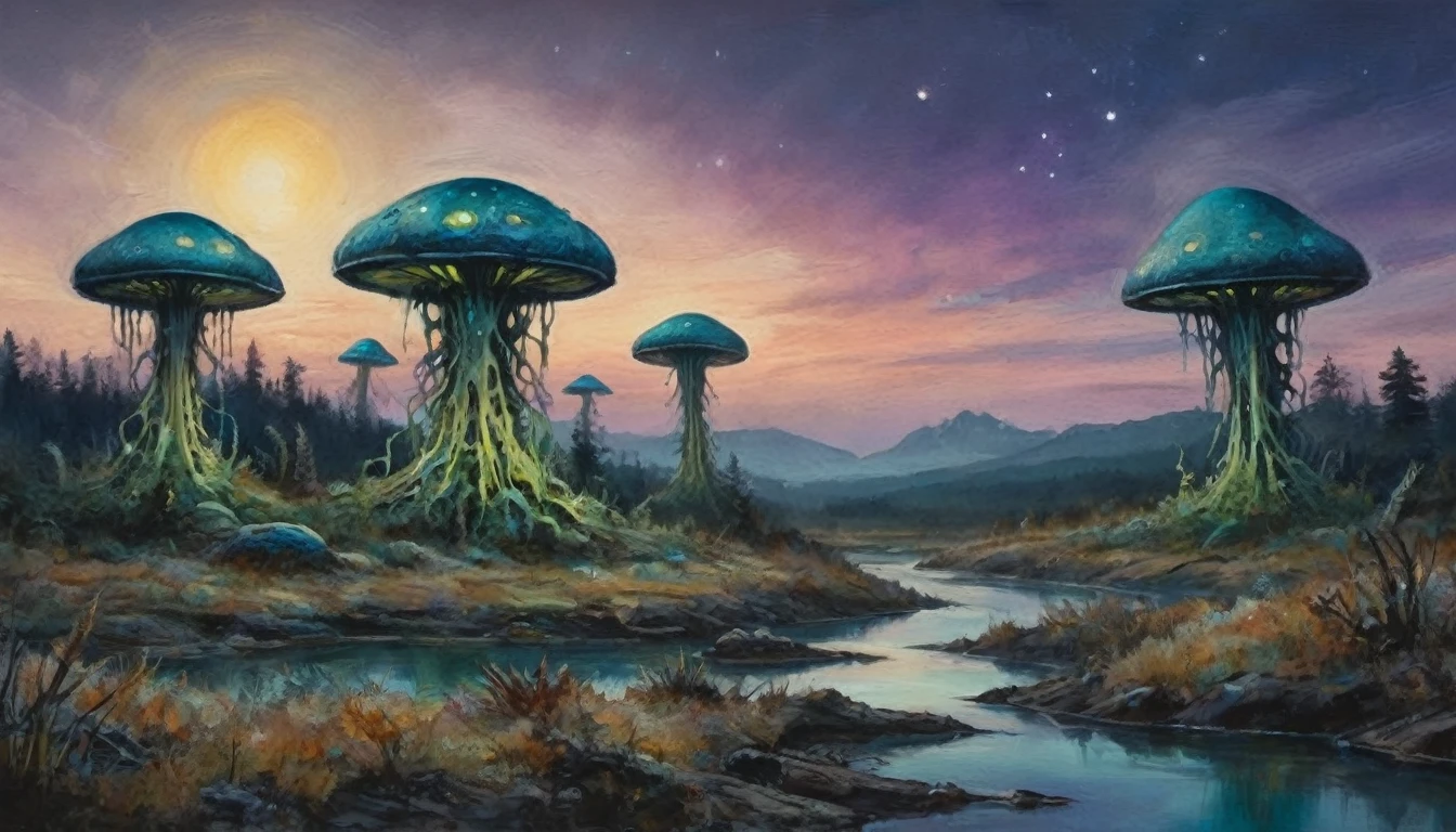 An alien fungoid world with bio luminescent structures, twilight, watercolo9r landscape