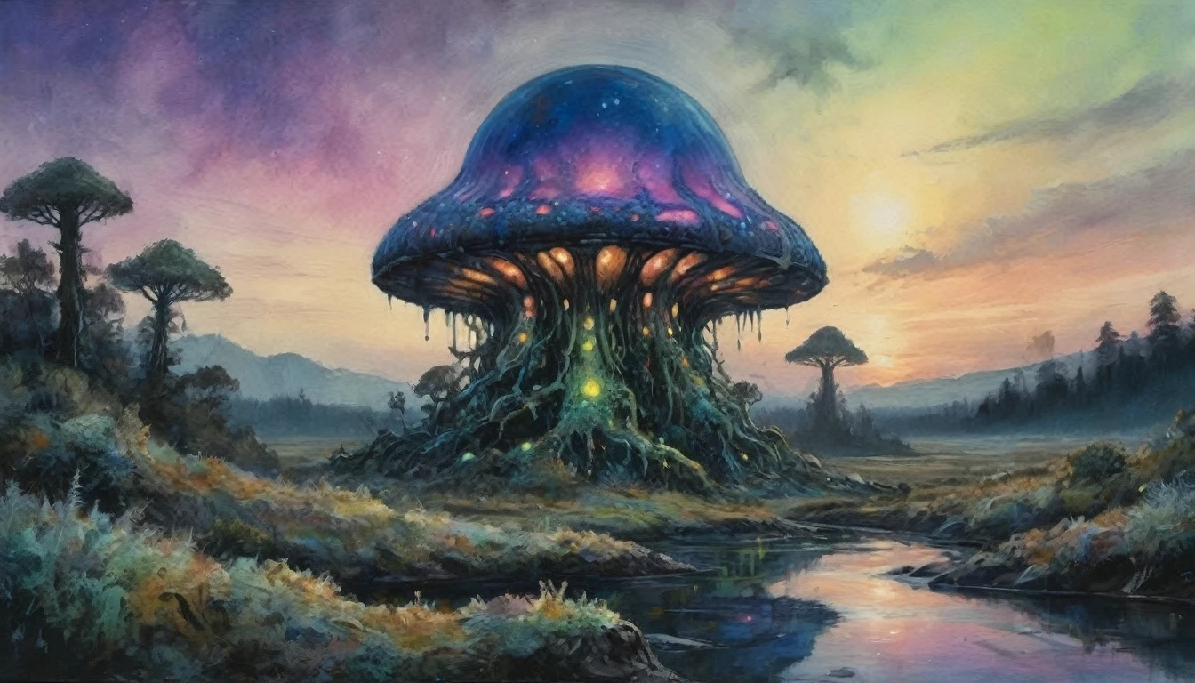 An alien fungoid world with bio luminescent structures, twilight, watercolo9r landscape