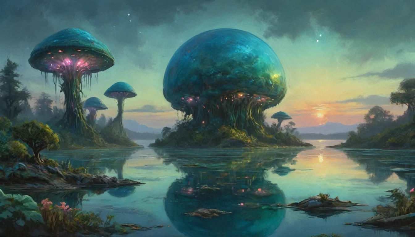 An alien fungoid world with bio luminescent structures, twilight, watercolo9r landscape