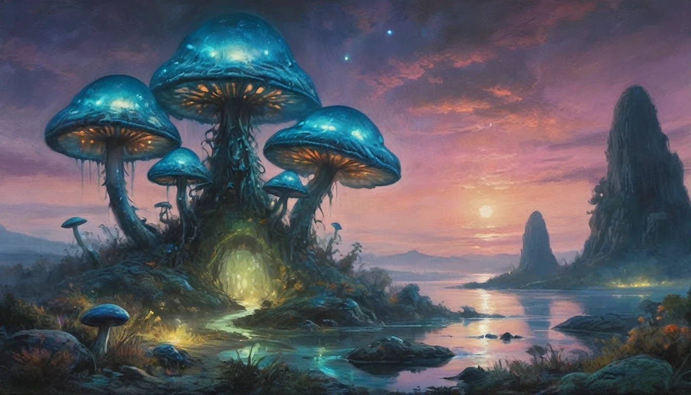 An alien fungoid world with bio luminescent structures, twilight, watercolo9r landscape